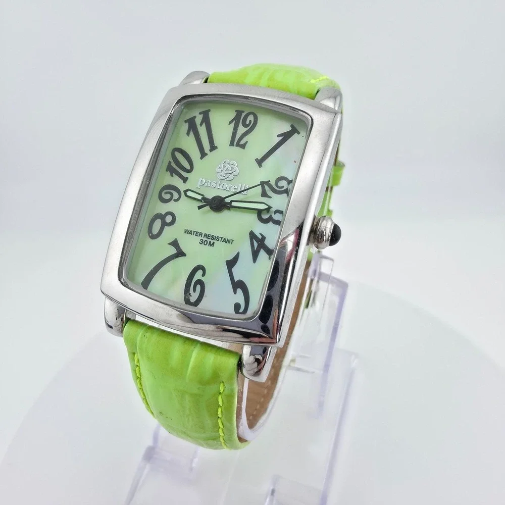 PASTORELLI Ladies Watch Mother Of Peal Dial Green Leather Strap Silver Tone 7.5